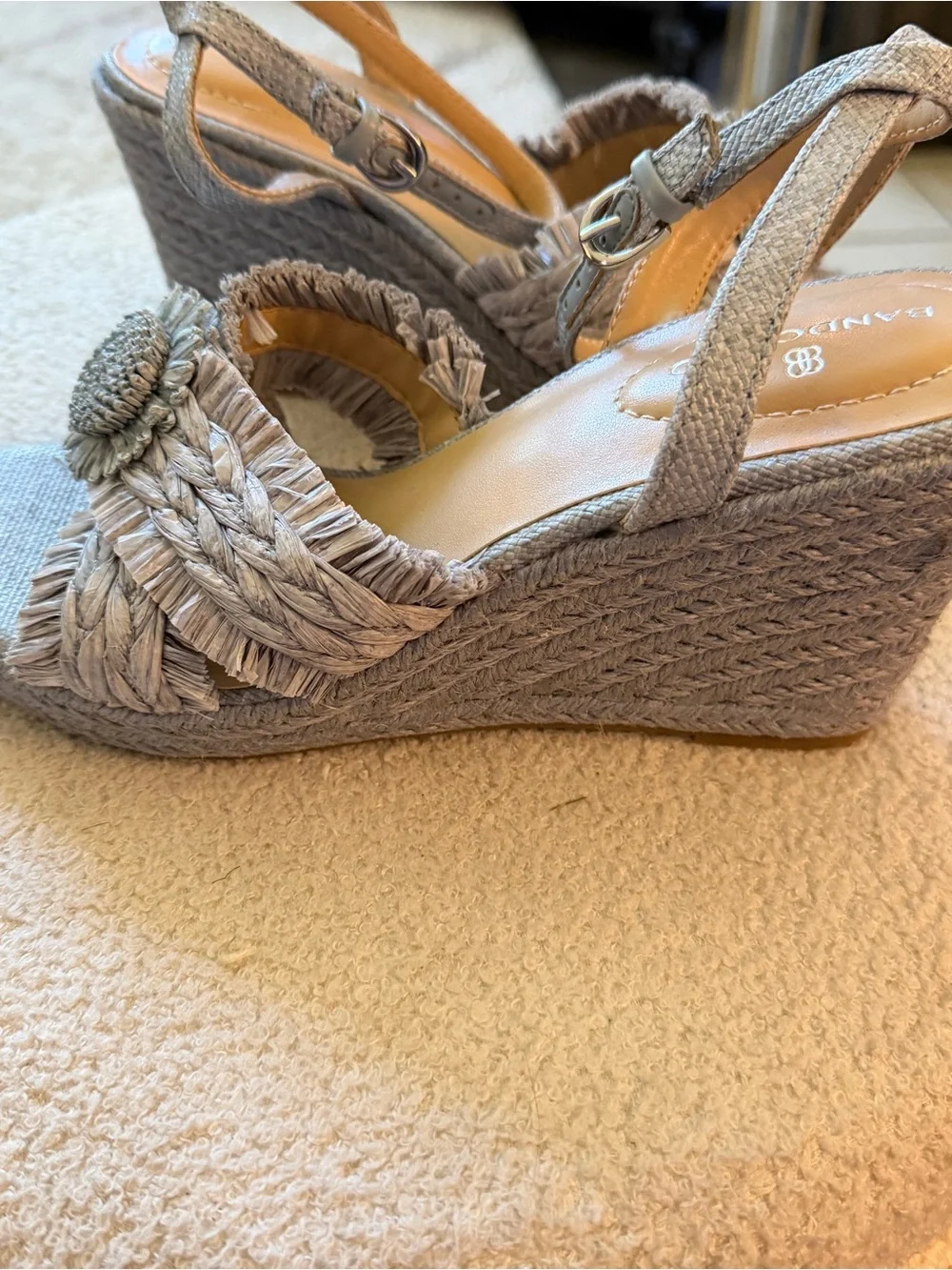 Bandolino Neutral Raffia Flower Strap Sandals